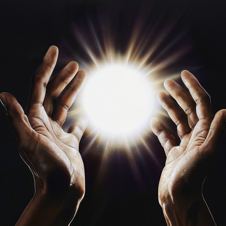 Hands cupping a white glowing energy ball.