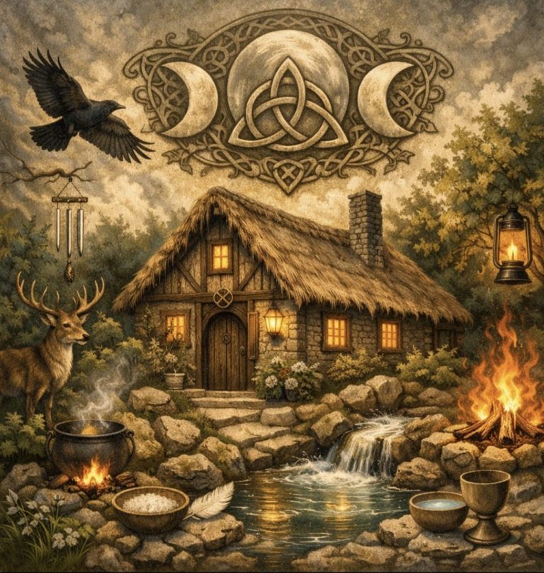 A picture of a stone cottage with a thatched roof. In the stone garden is a stag, crow, a stream and fire. Above the cottage is a triquetra